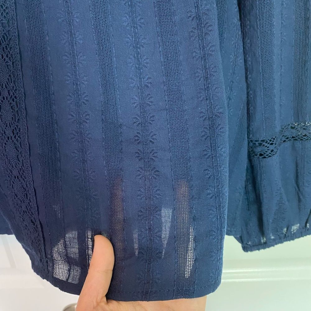 Cottagecore Blouse Navy Blue High Neck Elegant Crochet Lace Accents size 16-18 - Picture 13 of 15